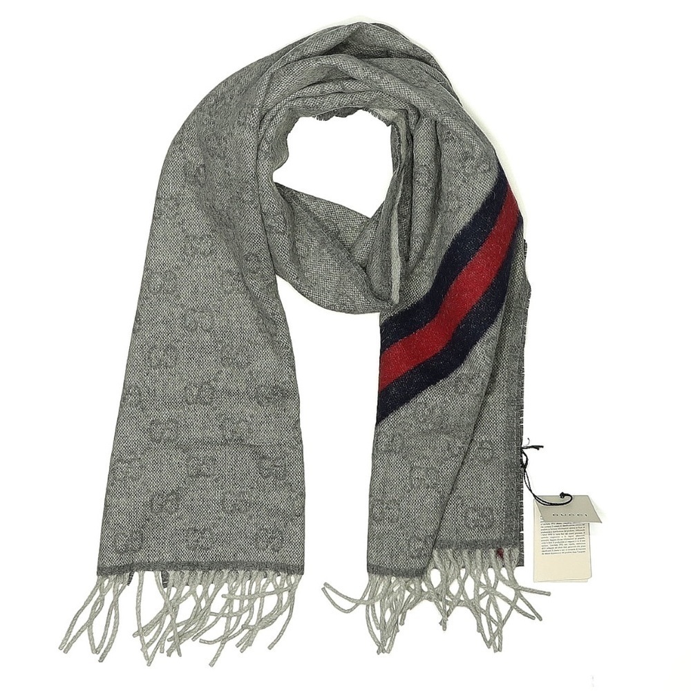 NEW GUCCI ‘New Nikky’ 570603 Web Fringe Wool Alpaca Zinc Blue Gray Unisex Scarf - Picture 6 of 12